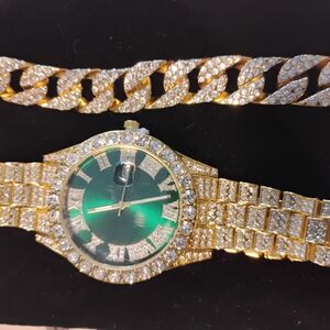 Gold and Green Men's Watch and Bracelet Set